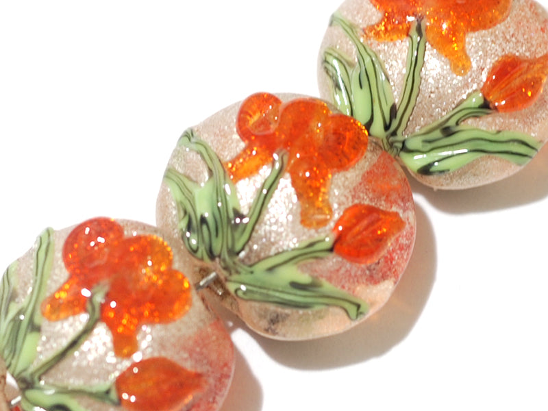 10705912 - Four Vermilion Flower Lentil Beads