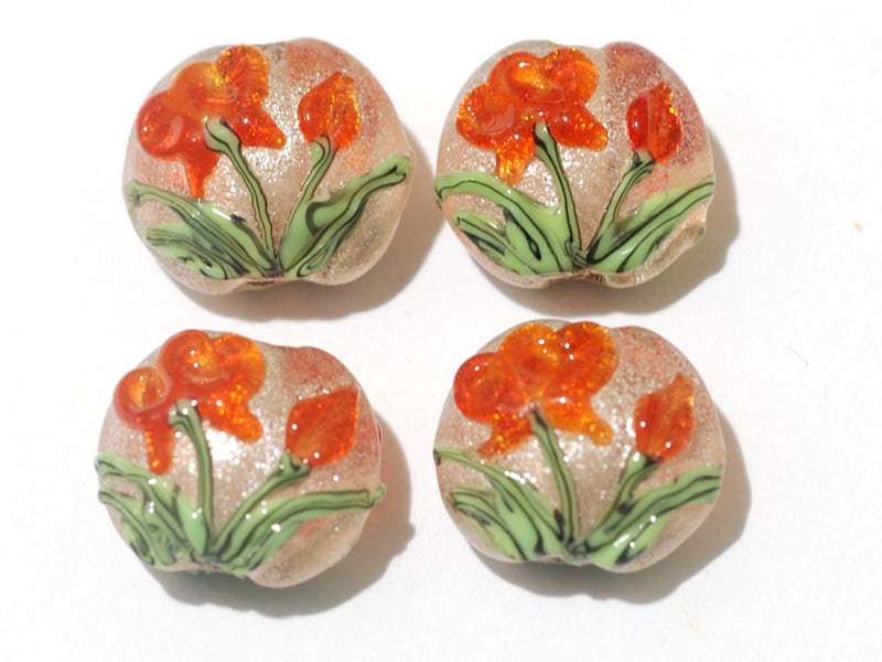 10705912 - Four Vermilion Flower Lentil Beads