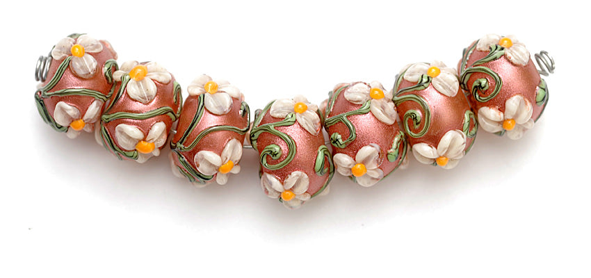 10706201 - Seven Ivory Mist Flower on Coral Rondelle Beads
