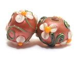 10706201 - Seven Ivory Mist Flower on Coral Rondelle Beads