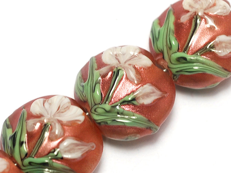 10706212 - Four Ivory Mist Flower on Coral Lentil Beads