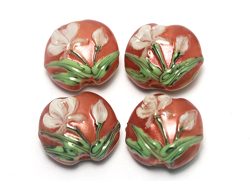 10706212 - Four Ivory Mist Flower on Coral Lentil Beads