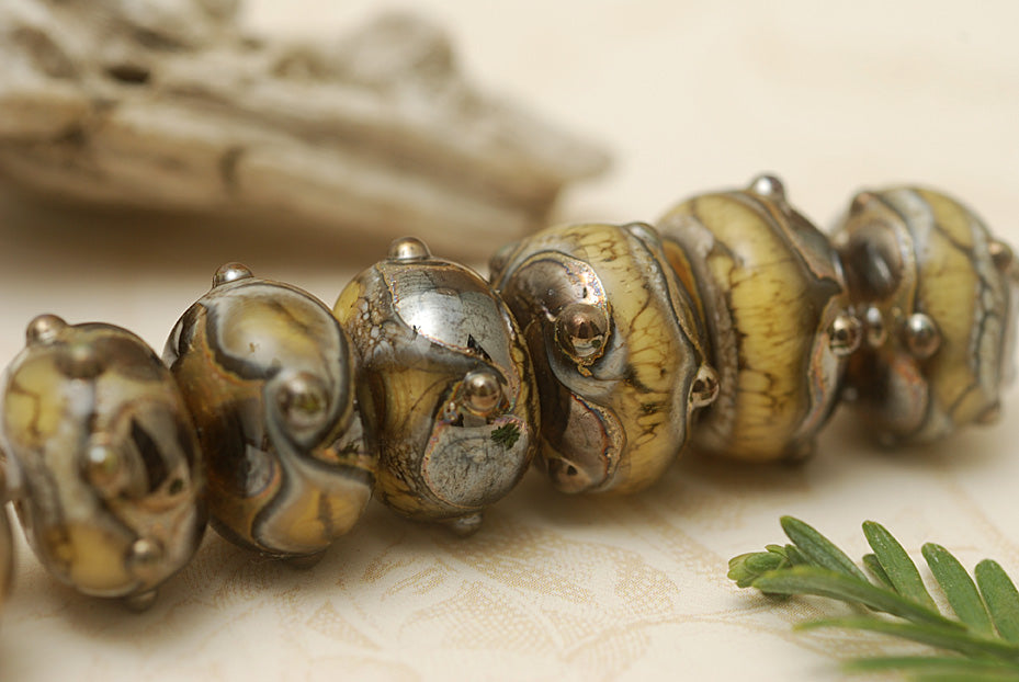 10800801 - Seven Black w/Yellow Silver Foil Rondelle Beads