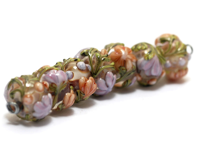 10801001 - Seven Light Pink w/Orange Floral Rondelle Beads