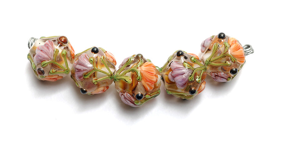 10801007 - Five Light Pink w/Orange Floral Crystal Beads