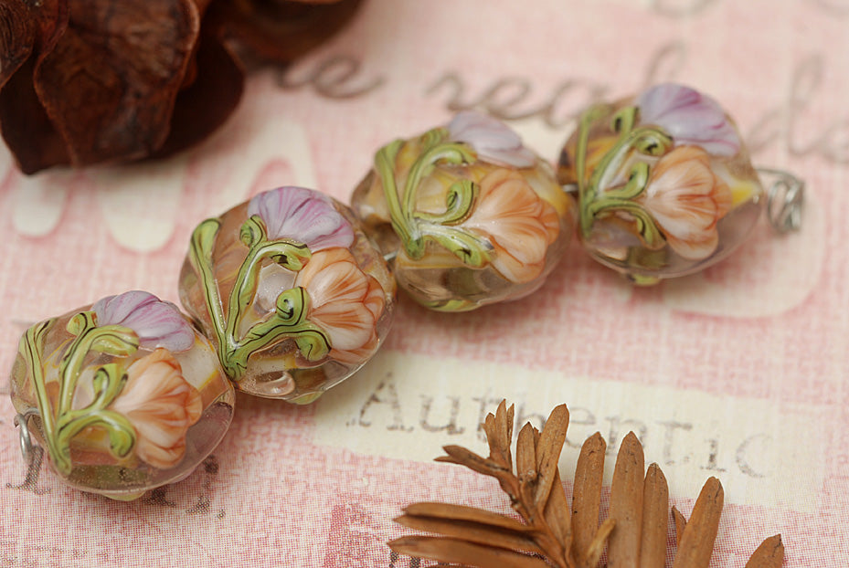 10801012 - Four Light Pink w/Orange Floral Lentil Beads