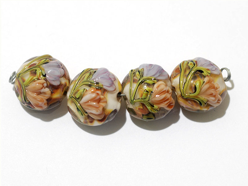 10801012 - Four Light Pink w/Orange Floral Lentil Beads