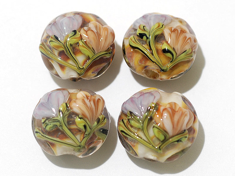 10801012 - Four Light Pink w/Orange Floral Lentil Beads