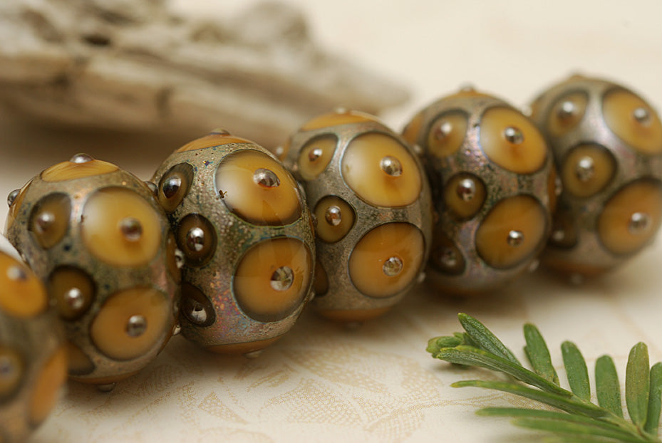 10801321 - Six Butterscotch w/Metal Dots Rondelle Beads