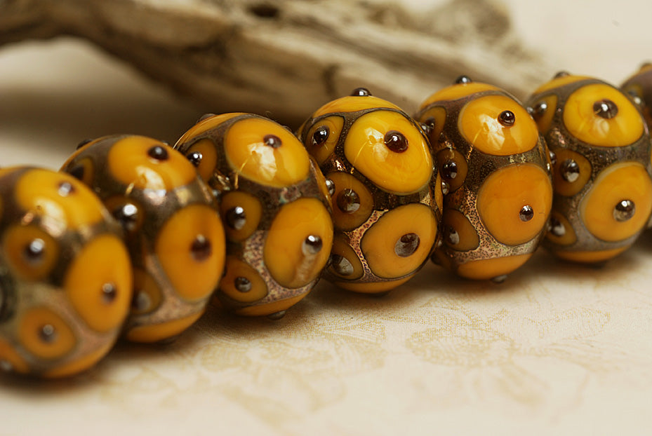 10801601 - Seven Mustard Yellow w/Metal Dots Rondelle Beads