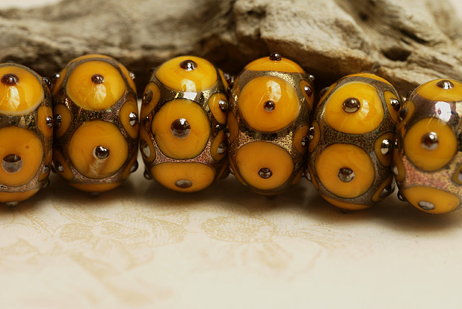 10801601 - Seven Mustard Yellow w/Metal Dots Rondelle Beads