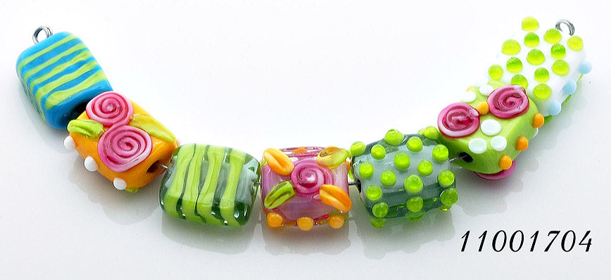 11001704 - Seven Pink/Orange/Green Tile Beads