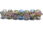 11005401 - Seven Light Pink w/Blue Floral Rondelle Beads