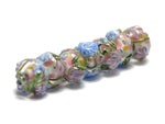 11005401 - Seven Light Pink w/Blue Floral Rondelle Beads