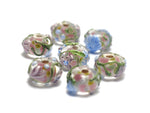 11005401 - Seven Light Pink w/Blue Floral Rondelle Beads