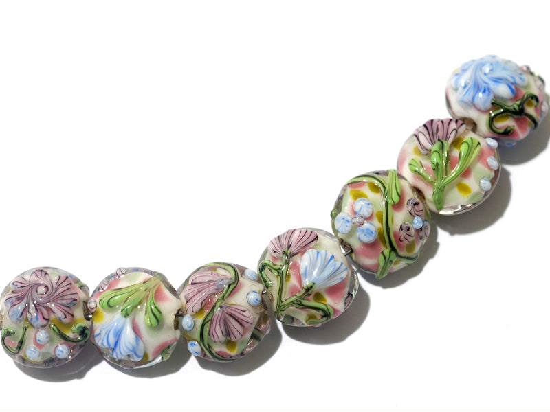 11005402 - Seven Light Pink w/Blue Floral Lentil Beads