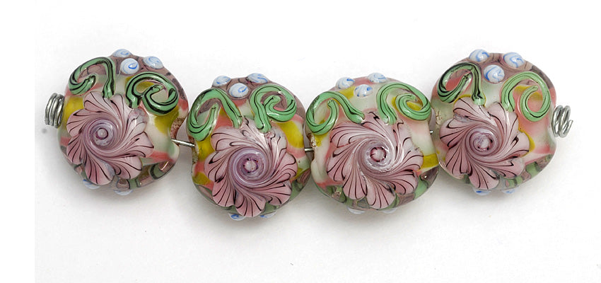 11005412 - Four Light Pink w/Blue Floral Lentil Beads