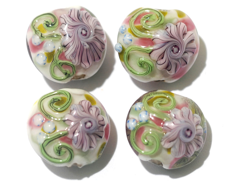 11005412 - Four Light Pink w/Blue Floral Lentil Beads