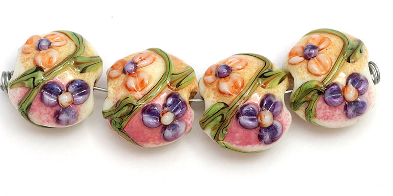 11005812 - Four Purple w/Orange Flora Lentil Beads