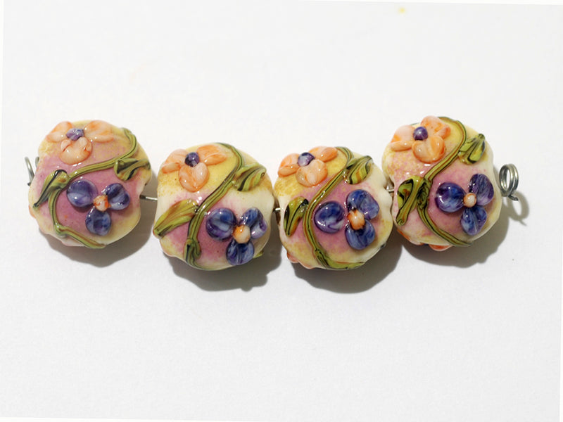 11005812 - Four Purple w/Orange Flora Lentil Beads