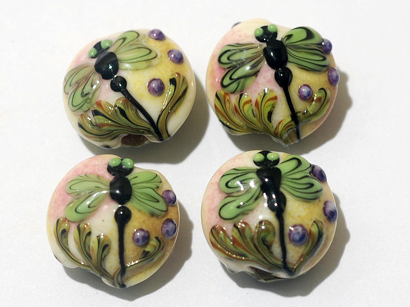 11005912 - Four Green Dragonfly Lentil Beads