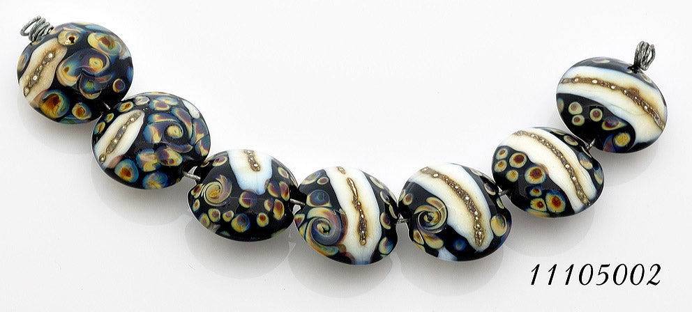 11105002 - Seven Black/Ivory & Beige Lentil Beads