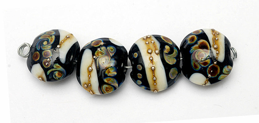 11105012 - Four Black/Ivory & Beige Lentil Beads