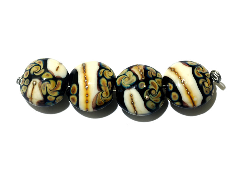 11105012 - Four Black/Ivory & Beige Lentil Beads