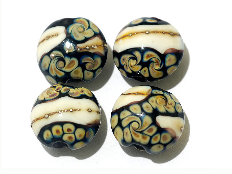 11105012 - Four Black/Ivory & Beige Lentil Beads