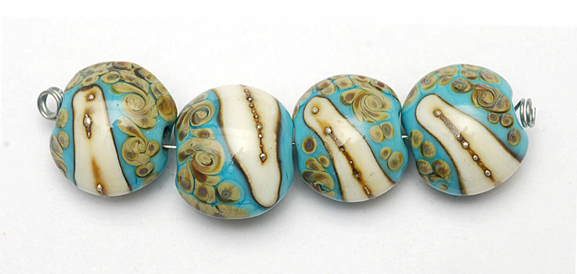 11105112 - Four Turquoise/Ivory & Beige Lentil Beads