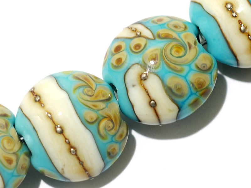 11105112 - Four Turquoise/Ivory & Beige Lentil Beads