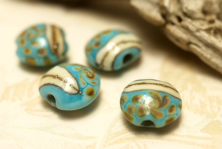 11105112 - Four Turquoise/Ivory & Beige Lentil Beads