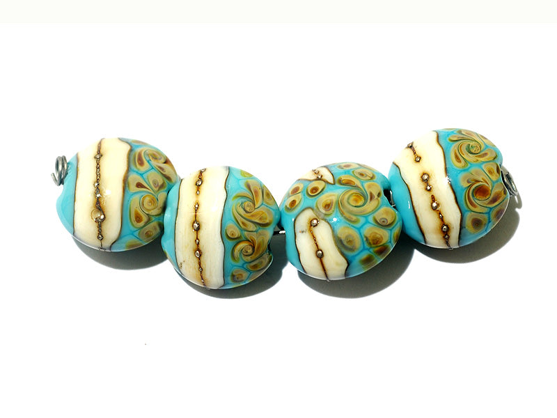 11105112 - Four Turquoise/Ivory & Beige Lentil Beads