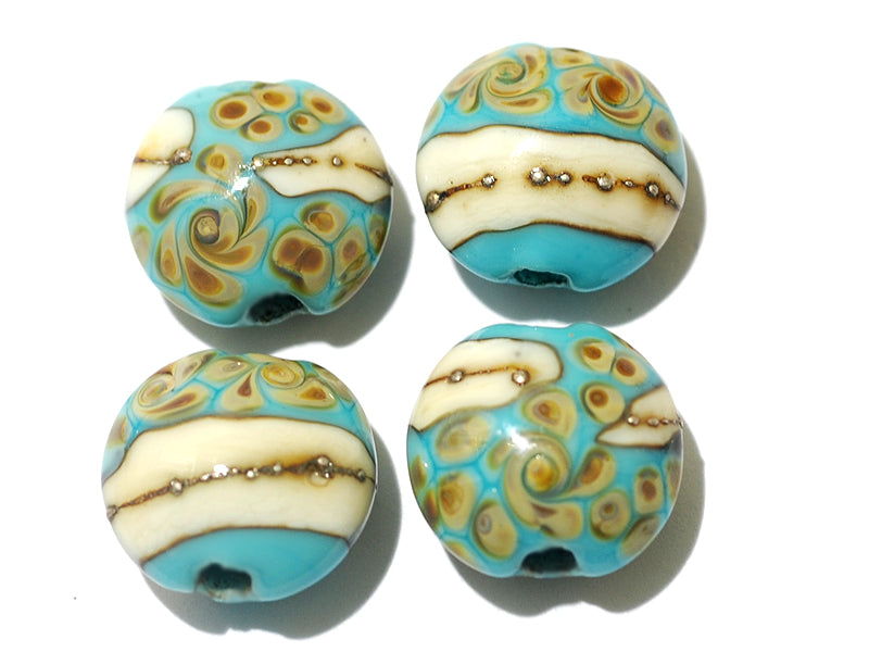 11105112 - Four Turquoise/Ivory & Beige Lentil Beads