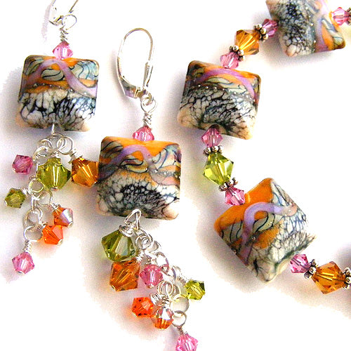 11105804 Earrings using Coral w/Ivory Free Style Pillow Beads