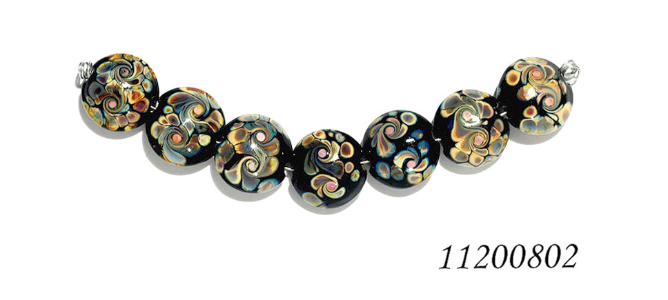 11200802 - Seven Black w/Twisted Beige Dots Lentil Beads