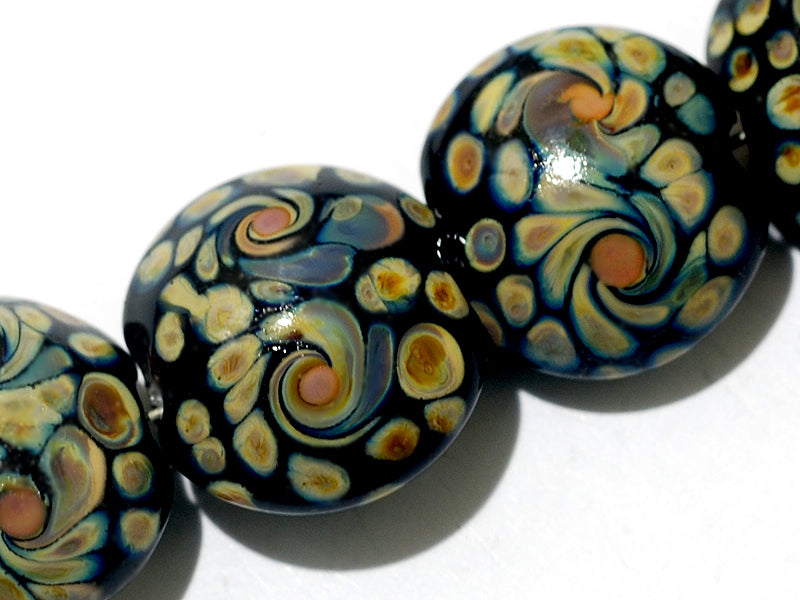 11200802 - Seven Black w/Twisted Beige Dots Lentil Beads