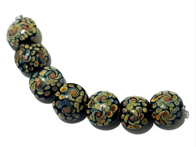 11200802 - Seven Black w/Twisted Beige Dots Lentil Beads