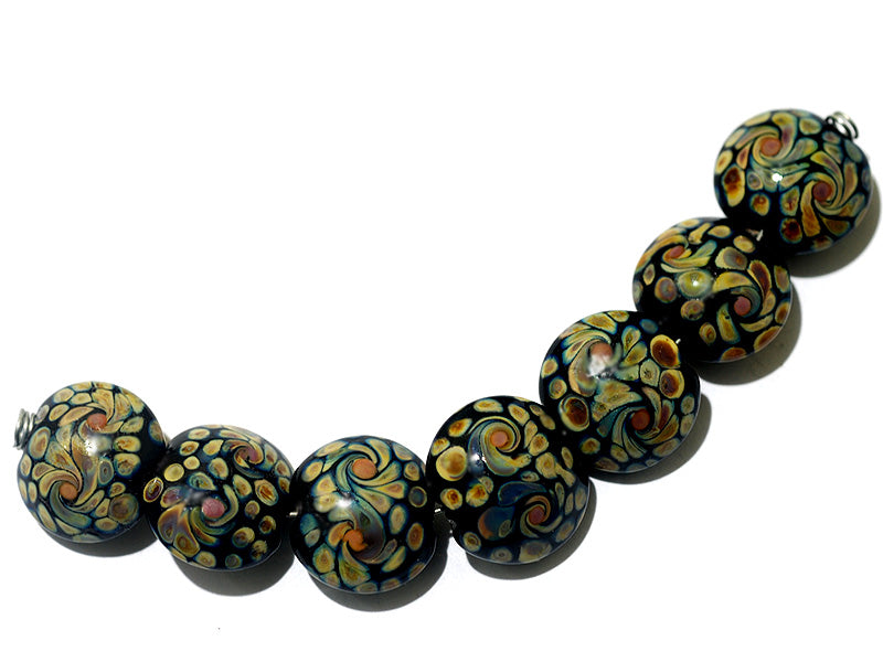 11200802 - Seven Black w/Twisted Beige Dots Lentil Beads