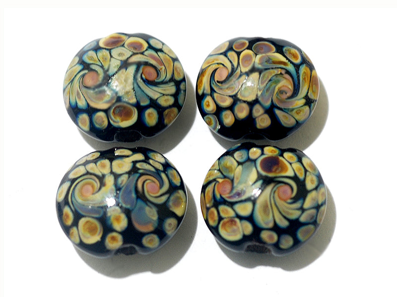 11200812 - Four Black w/Twisted Beige Dots Lentil Beads