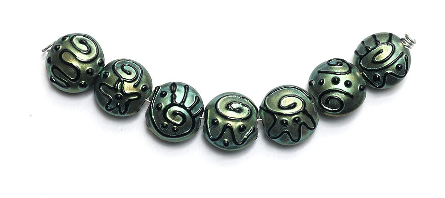 11203802 - Seven Green Pearl Surface w/Black String Lentil Beads