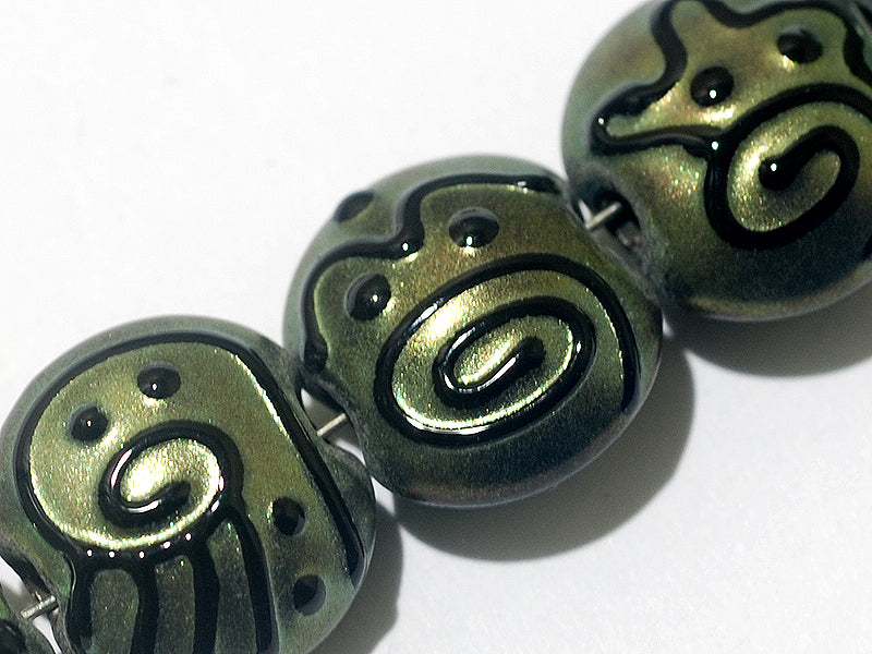 11203802 - Seven Green Pearl Surface w/Black String Lentil Beads