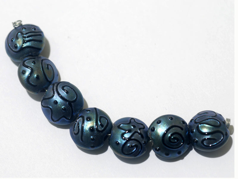 11204302 - Seven Blue Pearl Surface w/Black String Lentil Beads