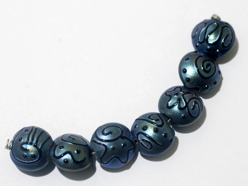 11204302 - Seven Blue Pearl Surface w/Black String Lentil Beads