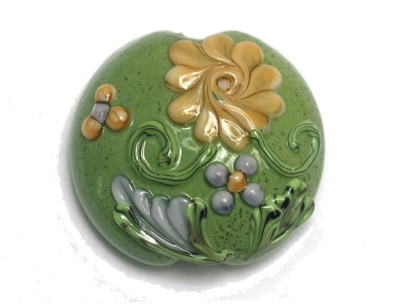 11805702 - Green w/Light Brown Flower Lentil Focal Bead