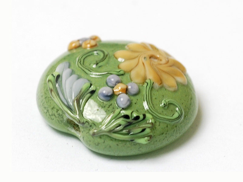 11805702 - Green w/Light Brown Flower Lentil Focal Bead