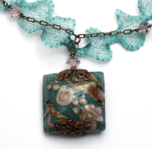 11806804 - Necklace using Green w/Ink Blue Floral Pillow Focal