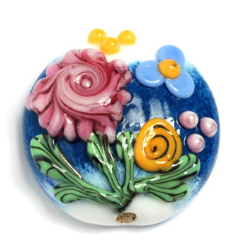 11809402 - Blue w/Pink Raised Flower Lentil Focal Bead