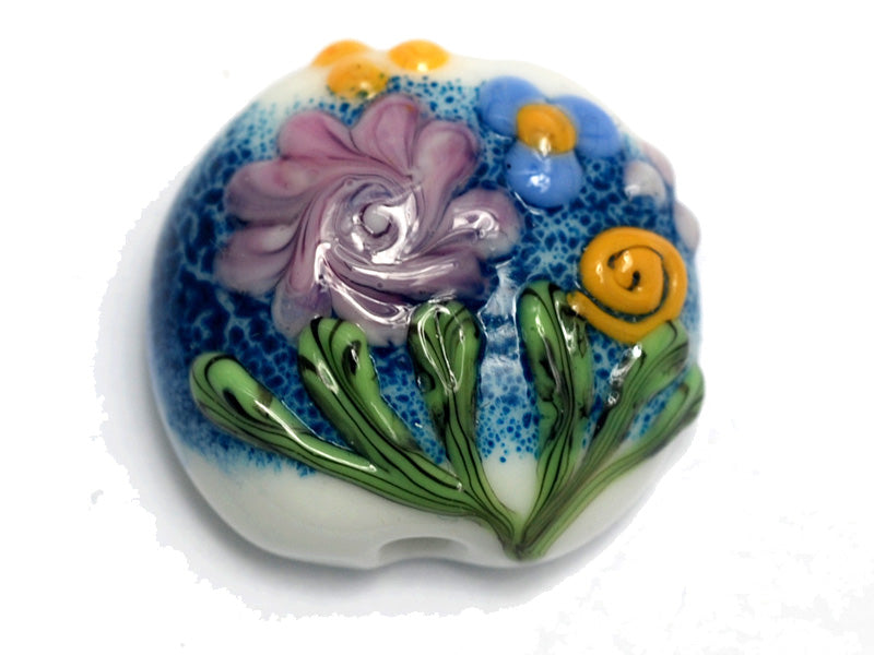 11809402 - Blue w/Pink Raised Flower Lentil Focal Bead