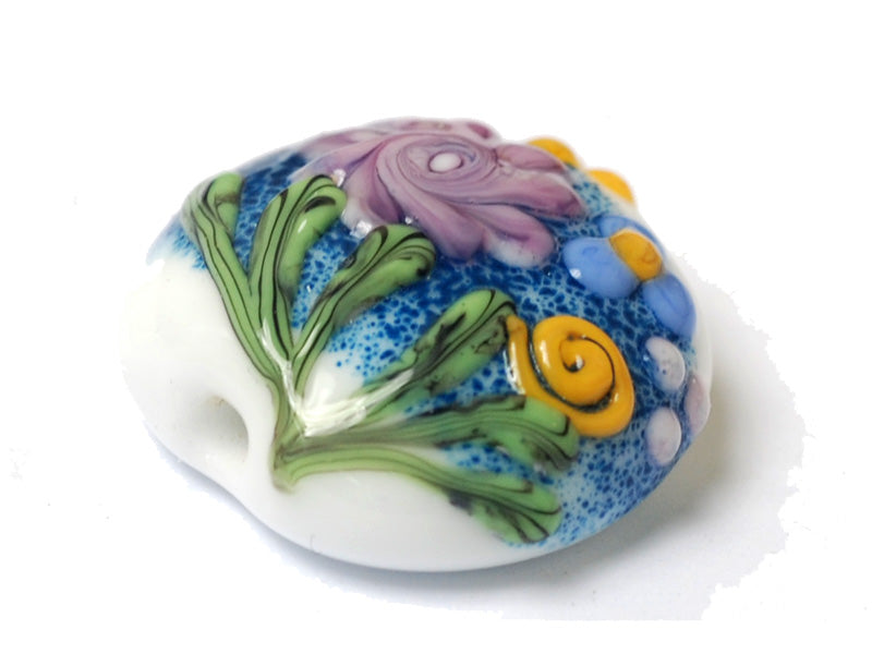 11809402 - Blue w/Pink Raised Flower Lentil Focal Bead